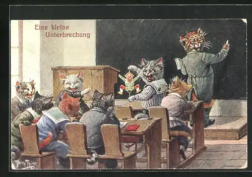 Künstler-AK Arthur Thiele: Eine kleine Unterbrechung, freche Katzenkinder stören den Unterricht mit einem Hampelmann