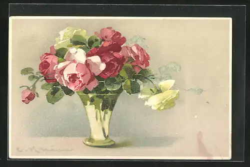Künstler-AK Catharina Klein: schöner Rosenstrauss in einer Vase