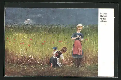 Künstler-AK sign. Martin Ränike: Mädchen pflücken Blumen von einer Feldwiese