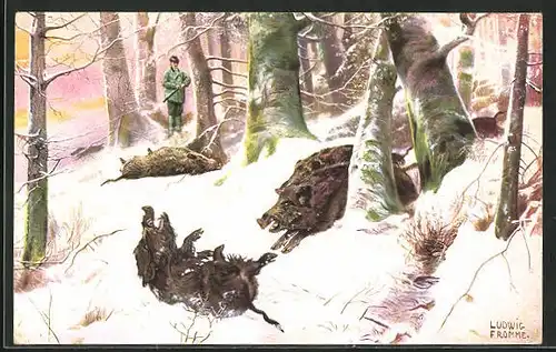 Künstler-AK Ludwig Fromme: Jäger schiesst Wildschweine im verschneiten Wald