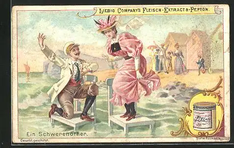 Sammelbild Liebig, Ein Schwerenöther, Herr kniet vor einer Dame auf Stühlen im Wasser