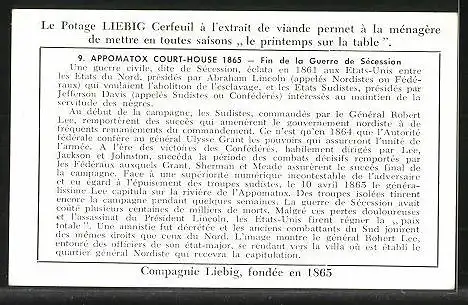 Sammelbild Liebig, Serie: Etapes de l'Historique, No. 9, Appomatox 1865, Fin de la La Guerre de Sécession