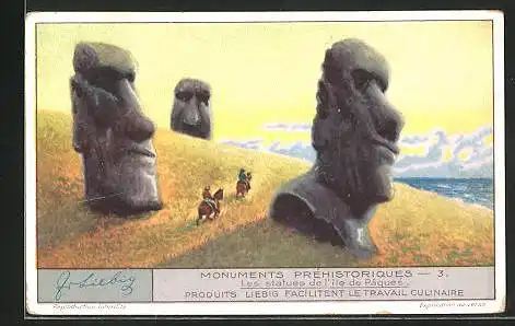 Sammelbild Liebig, Serie: Monuments Préhistoriques, No. 3, les Statues de l'ile de Paques