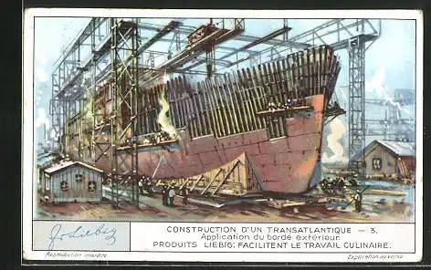 Sammelbild Liebig, Serie: Construction d'un Transatlantique, No. 3, Application du bordé extérieur