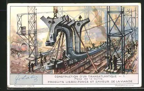 Sammelbild Liebig, Serie: Construction d'un Transatlantique, No. 1, Pose de la quille
