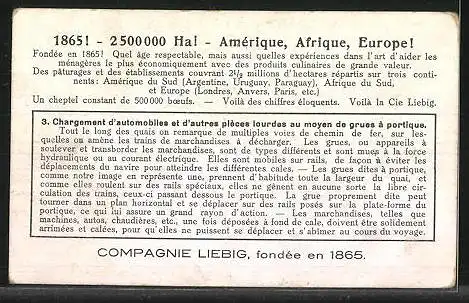 Sammelbild Liebig, Serie: Chargement et Déchargement des Navires, No. 3, Chargement au moyen de grues