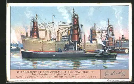 Sammelbild Liebig, Serie: Chargement et Déchargement des Navires, No. 6, Transbordement du grain en vrac