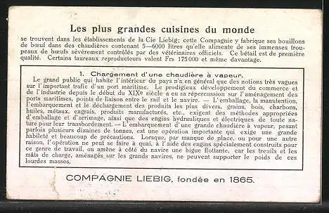 Sammelbild Liebig, Serie: Chargement et Déchargement des Navires, No. 1, Chargement au moyen d une bigue