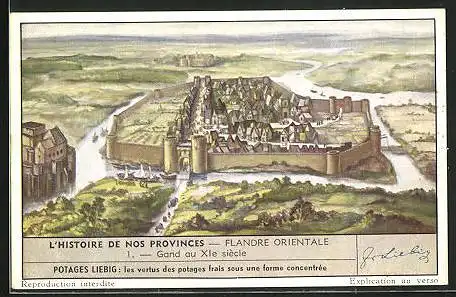 Sammelbild Liebig, Serie: l'Historique de nos Provinces, No. 1, Flandre Orientale, Gand au XI. siécle