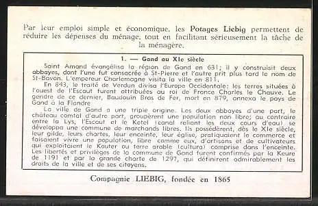 Sammelbild Liebig, Serie: l'Historique de nos Provinces, No. 1, Flandre Orientale, Gand au XI. siécle