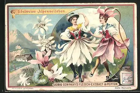 Sammelbild Liebig, Edelweiss-Alpenveilchen, zwei Frauen tanzen in Blumenkleidern