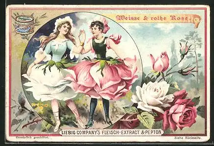 Sammelbild Liebig, Weisse & rothe Rose, zwei Frauen tanzen in Blumenkleidern