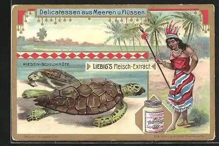 Sammelbild Liebig, Serie: Delicatesse aus Meeren und Flüssen, Riesenschildkröte und Jägerin