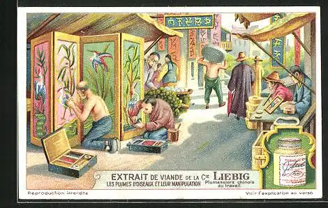 Sammelbild Liebig, Plumassiers chinois au travail, chinesische Kunstgestaltung an Paravants