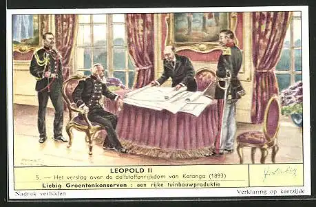 Sammelbild Liebig, Serie: Leopold II, No. 5, Het verslag over de delfstoffenrijkdom van Katanga 1893