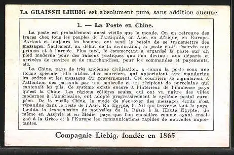 Sammelbild Liebig, Serie: Histoire de la Poste, No. 1, la poste en Chine