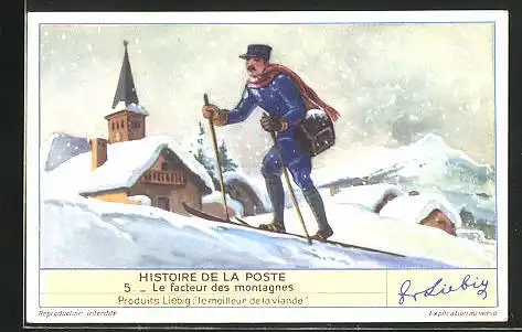 Sammelbild Liebig, Serie: Histoire de la Poste, No. 5, Le facteur des montagnes