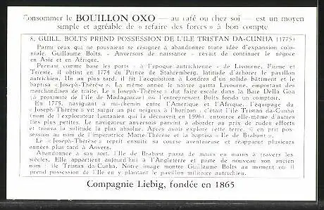 Sammelbild Liebig, Serie: Tentatives d'Expansion Coloniale Belge, No. 8, Guillaume Bolts prend Tristan da Cunha 1775