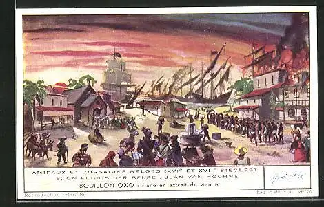 Sammelbild Liebig, Serie: Amiraux et Corsaires Belges, No. 6, un Flibustier Belge, Jean van Hoorne