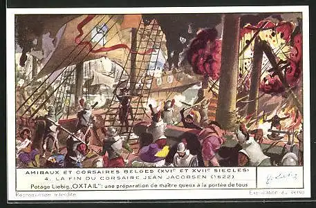 Sammelbild Liebig, Serie: Amiraux et Corsaires Belges, No. 4, la Fin du Corsaire Jean Jacobsen 1622