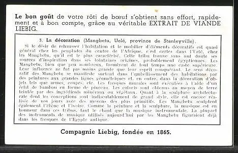 Sammelbild Liebig, Serie: Artisans d'Art au Congo, No. 3, la décoration Mangbetu