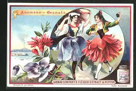 Sammelbild Liebig, Anemone-Granate, zwei Frauen tanzen in Blumenkleidern