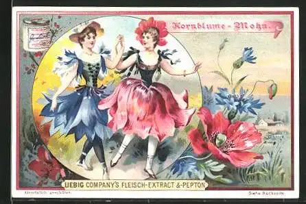 Sammelbild Liebig, Kornblume-Mohn, zwei Frauen tanzen in Blumenkleidern