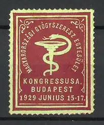 Präge-Reklamemarke Budapest, Kongressusa 1929, Magyarországi Gyógyszeresz Egyesület, Schlange um eine Schale gewickelt