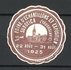 Präge-Reklamemarke Subotica, 1. Foire d'Echantillons et Exposition 1925. Kirchturm