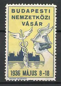 Reklamemarke Budapesti, Nemzetközi Vásár 1936, Hermes blick zur Stadt