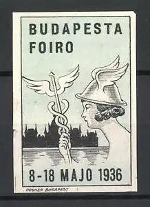 Reklamemarke Budapesta, Foiro 1936, Hermes mit Stadtsilhouette