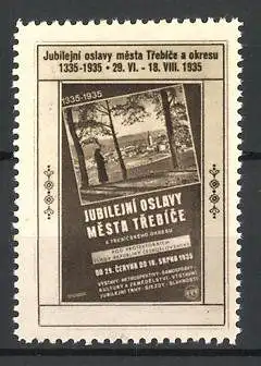 Reklamemarke Trebice, Jubil. Oslavy Mesta 1335-1935, Stadt auf einer Zeitungsseite