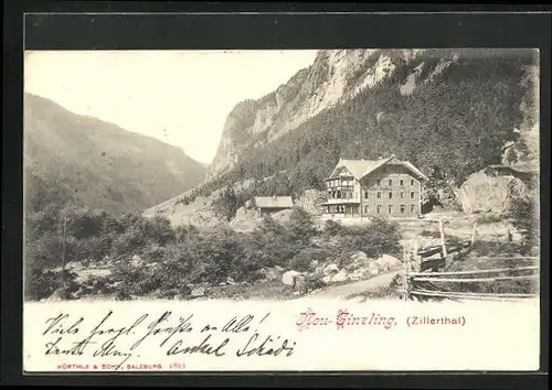 AK Neu-Ginzling / Zillerzhal, Berghütte am Gebirgsfuss