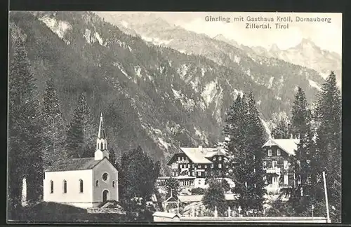 AK Ginzling, Gasthaus Kröll, Kirche und Dornauberg
