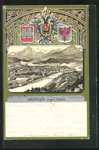 Passepartout-Lithographie Innsbruck, Stadtpanorama gegen Süden, Wappen