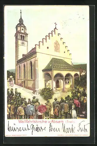 AK Absam, Gläubige vor der Wallfahrtskirche