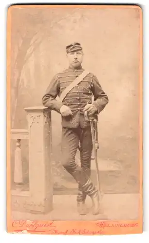 Fotografie C. Dahlquist, Helsingborg, Portrait Soldat in Husaren Uniform mit Säbel und Schützenschnur