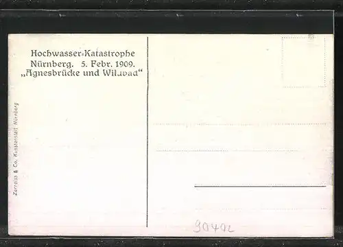 AK Hochwasser Nürnberg am 05. Februar 1909, Agnesbrücke und Wildbad