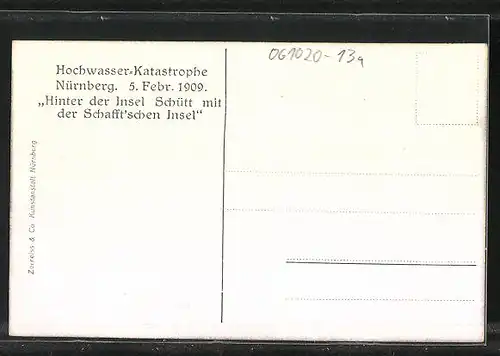 AK Hochwasser Nürnberg am 05. Februar 1909, Hinter der Insel Schütt mit Schaffscher Insel