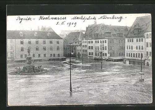 AK Hochwasser Pegnitz Nürnberg am 05. Februar 1909, auf dem Marktplatz