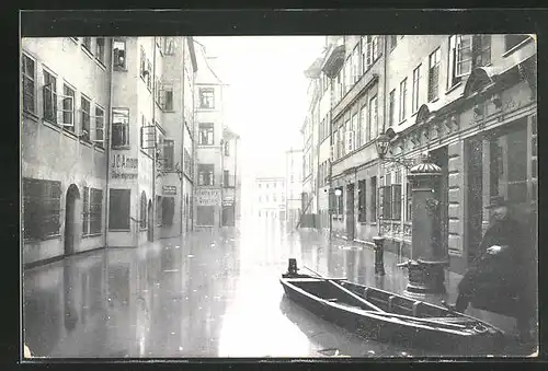 AK Hochwasser Nürnberg am 05. Februar 1909, ein Boot in der Tucherstrasse