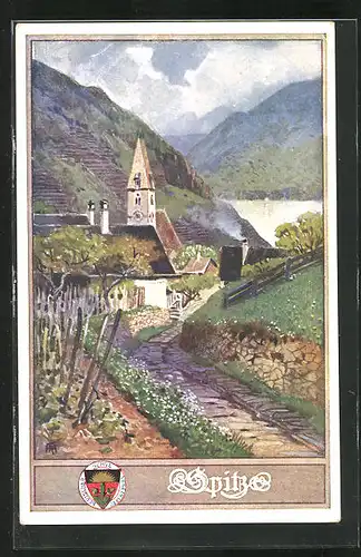 Künstler-AK Deutscher Schulverein Nr. 173: Spitz, die Kirche vom Weg aus gesehen