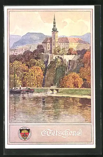 Künstler-AK Deutscher Schulverein Nr. 229: Tetschen, Blick vom Wasser hoch zum Schloss