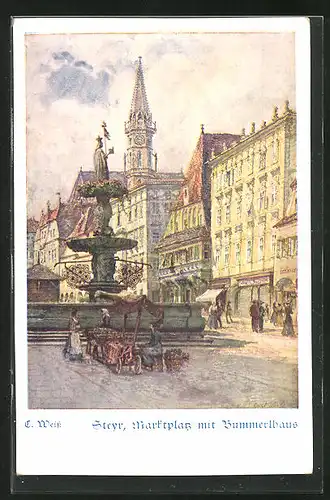 Künstler-AK Deutscher Schulverein Nr. 1526: Steyr, Marktplatz mit dem Bummerlhaus