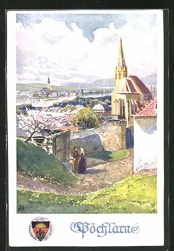 Künstler-AK Deutscher Schulverein Nr. 288: Pöchlern, an der Kirche, Blick auf die Stadt am Fluss