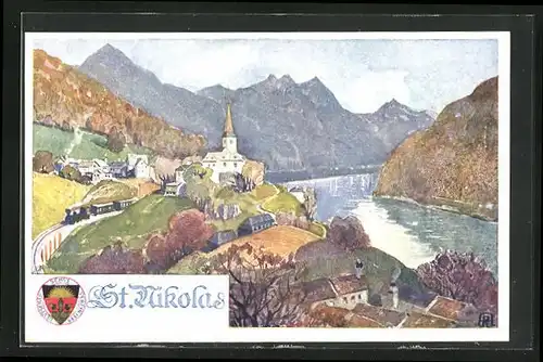 Künstler-AK Deutscher Schulverein Nr. 285: St. Nikolas, Blick über den Ort zur Kirche am Fluss