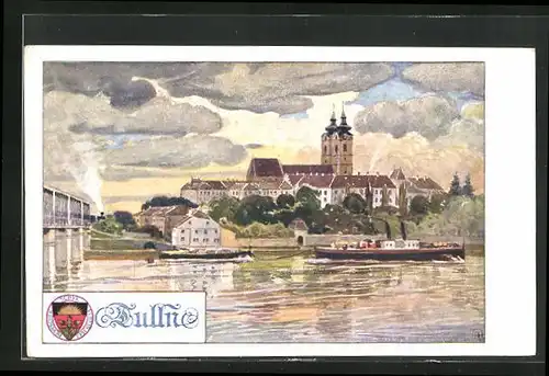 Künstler-AK Deutscher Schulverein Nr. 385: Tulln, Blick von der Brücke zur Kirche