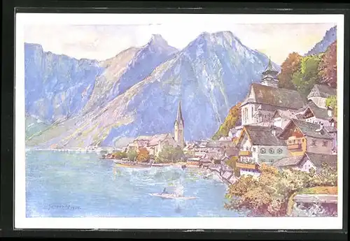 Künstler-AK Deutscher Schulverein Nr. 1687: Hallstatt am Hallstättersee, Blick auf die Berge