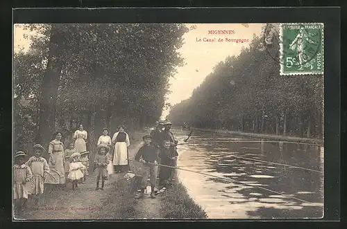 AK Migennes, Le Canal de Bourgogne, Kinder angeln am Ufer