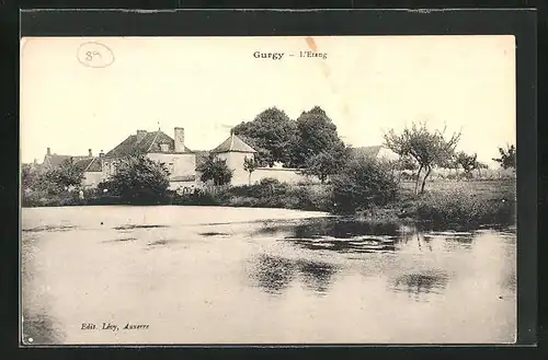 AK Gurgy, L`Etang, Partie auf dem Wasser, Blick zu den Wohnhäusern